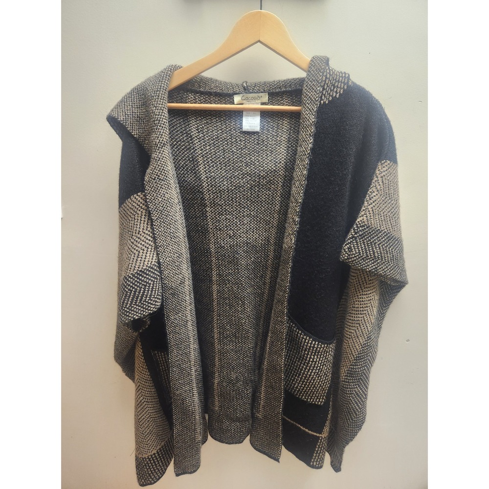 Cocogio Italy Hooded Poncho Wrap Black Tan Geometric Wool Alpaca Blend OSFA‎